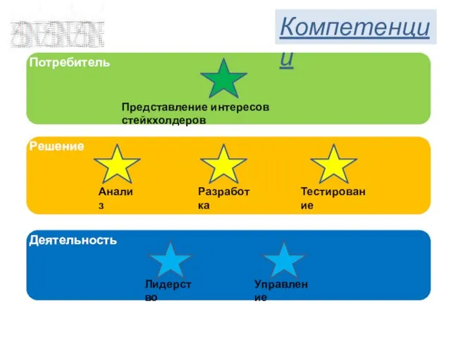 Анализ Разработка Представление интересов стейкхолдеров Лидерство Управление Тестирование Компетенции