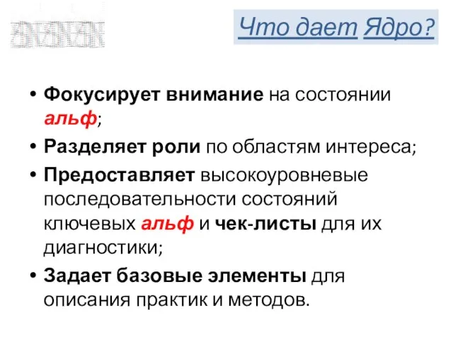 Фокусирует внимание на состоянии альф; Разделяет роли по областям интереса; Предоставляет высокоуровневые