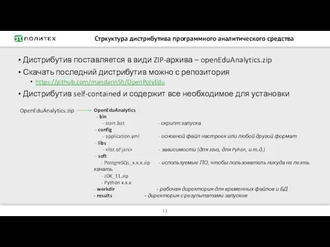 Стркуктура дистрибутива программного аналитического средства Дистрибутив поставляется в види ZIP-архива – openEduAnalytics.zip