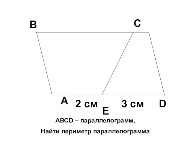 D Е А В С 3 см 2 см АВСD – параллелограмм, Найти периметр параллелограмма