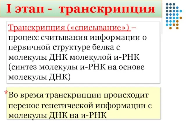 I этап - транскрипция Транскрипция («списывание») – процесс считывания информации о первичной