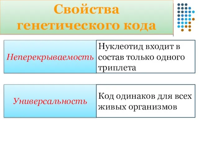 Свойства генетического кода Неперекрываемость Нуклеотид входит в состав только одного триплета Универсальность