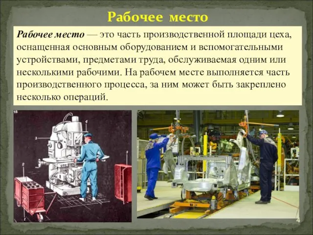 Рабочее место Рабочее место — это часть производственной площади цеха, оснащенная основным