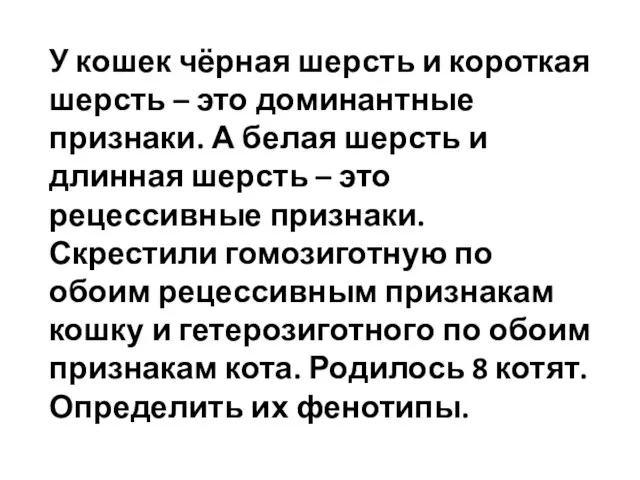 У кошек чёрная шерсть и короткая шерсть – это доминантные признаки. А