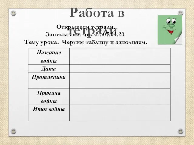 Работа в тетради Открываем тетради. Записываем число: 07.04.20. Тему урока. Чертим таблицу и заполняем.