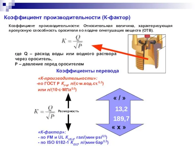 где Q – расход воды или водного раствора через ороситель, Р –