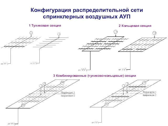 Конфигурация распределительной сети спринклерных воздушных АУП 3 Комбинированные (тупиково-кольцевые) секции 1 Тупиковая секция 2 Кольцевая секция