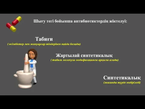 Шығу тегі бойынша антибиотиктердің жіктелуі: Табиғи ( өсімдіктер мен жануарлар тіндерінен пайда