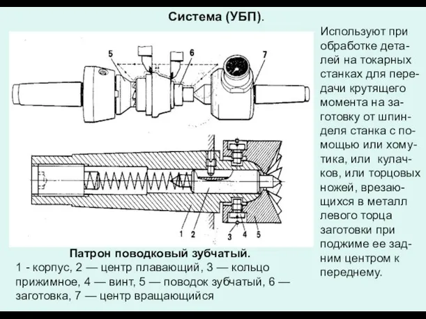 Система (УБП). Патрон поводковый зубчатый. 1 - корпус, 2 — центр плавающий,