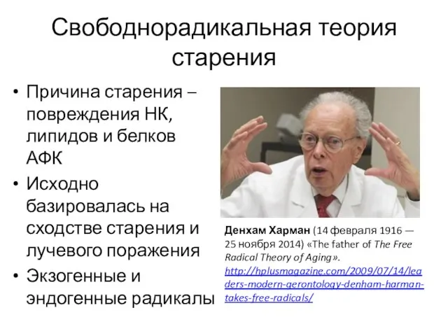 Свободнорадикальная теория старения Причина старения – повреждения НК, липидов и белков АФК