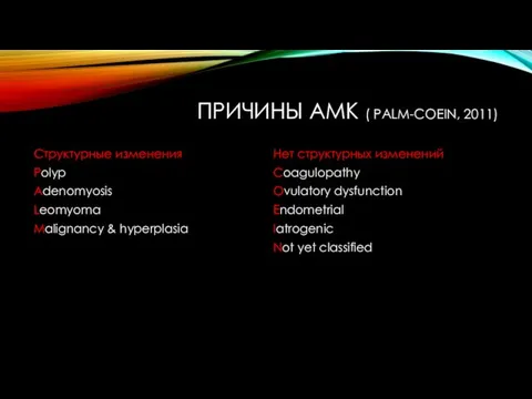 ПРИЧИНЫ АМК ( PALM-COEIN, 2011) Структурные изменения Polyp Adenomyosis Leomyoma Malignancy &