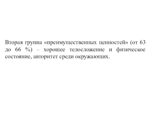 Вторая группа «преимущественных ценностей» (от 63 до 66 %) – хорошее телосложение