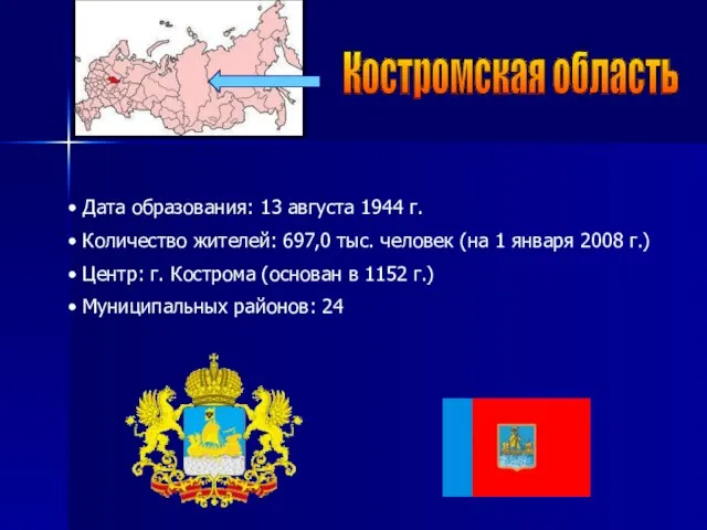 Костромская область Дата образования: 13 августа 1944 г. Количество жителей: 697,0 тыс.