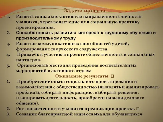 Задачи проекта Развить социально-активную направленность личность учащихся, через вовлечение их в социальную