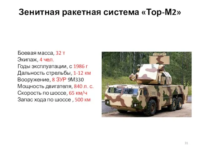 Зенитная ракетная система «Тор-М2» Боевая масса, 32 т Экипаж, 4 чел. Годы