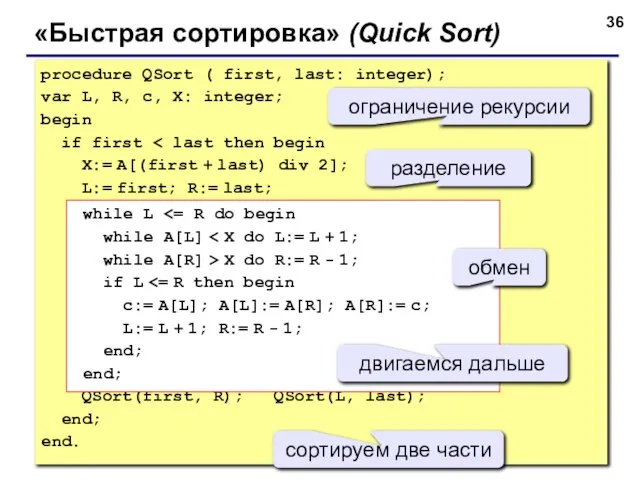 «Быстрая сортировка» (Quick Sort) procedure QSort ( first, last: integer); var L,