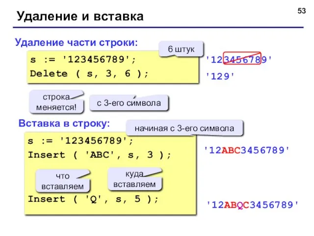 Удаление и вставка Удаление части строки: Вставка в строку: s := '123456789';