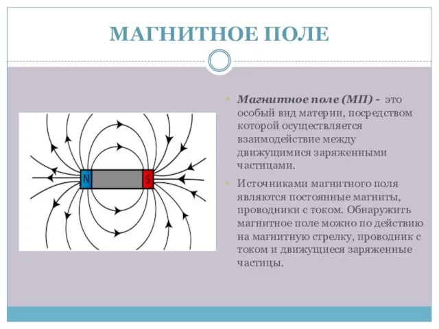 МАГНИТНОЕ ПОЛЕ Магнитное поле (МП) - это особый вид материи, посредством которой