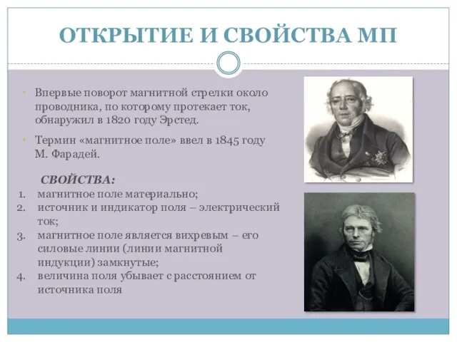 ОТКРЫТИЕ И СВОЙСТВА МП Впервые поворот магнитной стрелки около проводника, по которому