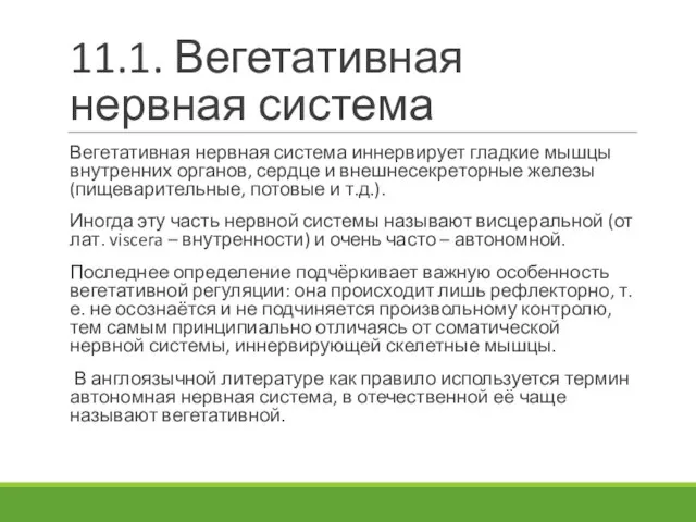 11.1. Вегетативная нервная система Вегетативная нервная система иннервирует гладкие мышцы внутренних органов,