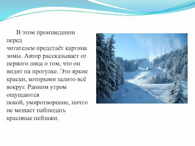 В этом произведении перед читателем предстаёт картина зимы. Автор рассказывает от первого