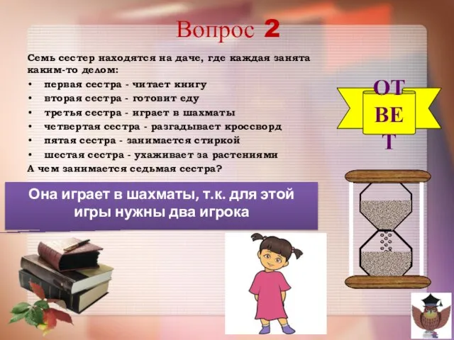 Вопрос 2 Семь сестер находятся на даче, где каждая занята каким-то делом: