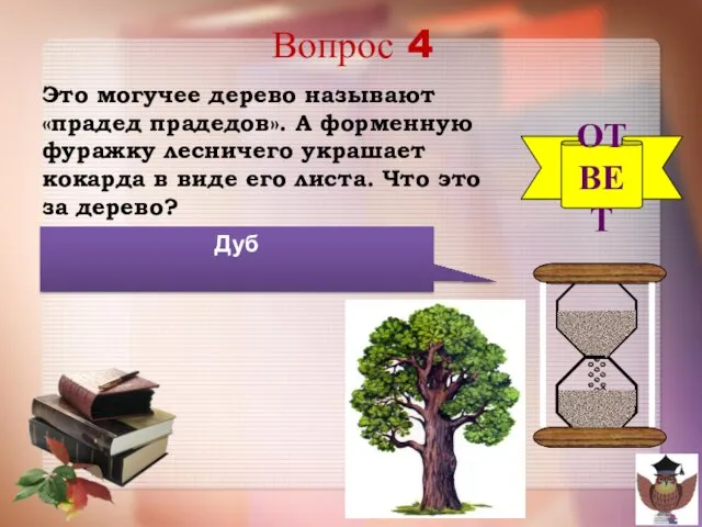 Вопрос 4 Это могучее дерево называют «прадед прадедов». А форменную фуражку лесничего