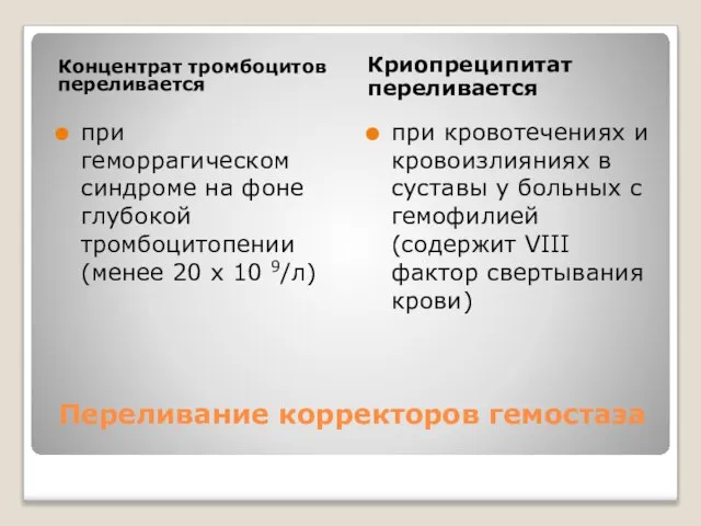 Переливание корректоров гемостаза Концентрат тромбоцитов переливается Криопреципитат переливается при геморрагическом синдроме на