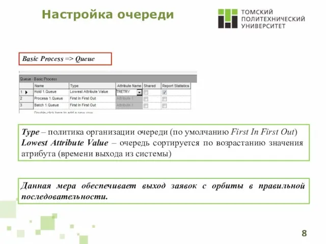 Настройка очереди Basic Process => Queue Type – политика организации очереди (по