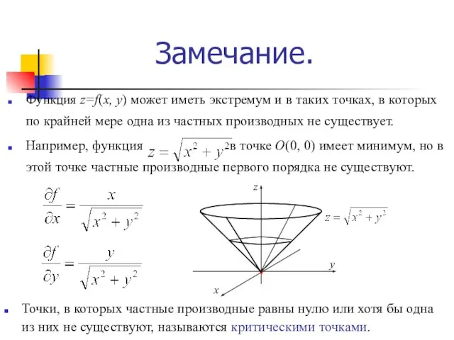 Замечание. Функция z=f(x, y) может иметь экстремум и в таких точках, в