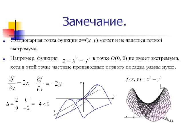 Замечание. Стационарная точка функции z=f(x, y) может и не являться точкой экстремума.