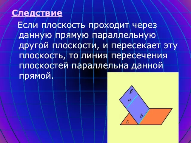 Следствие Если плоскость проходит через данную прямую параллельную другой плоскости, и пересекает