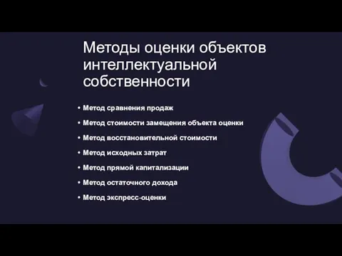 Методы оценки объектов интеллектуальной собственности Метод сравнения продаж Метод стоимости замещения объекта