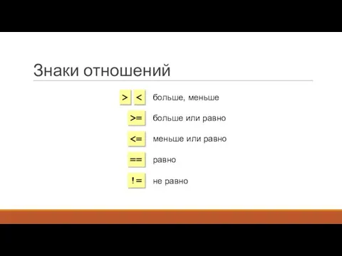 Знаки отношений > >= == != больше, меньше больше или равно меньше