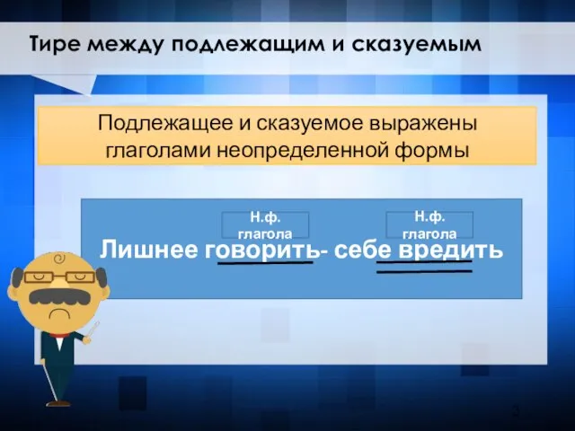 Тире между подлежащим и сказуемым Подлежащее и сказуемое выражены глаголами неопределенной формы