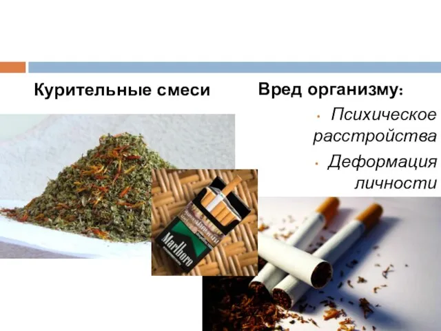 Курительные смеси Вред организму: Психическое расстройства Деформация личности