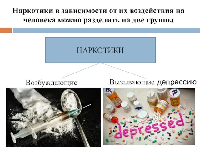 Наркотики в зависимости от их воздействия на человека можно разделить на две
