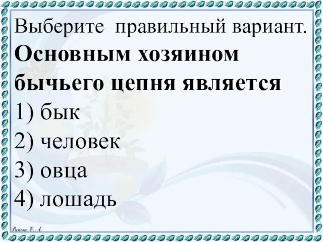 Выберите правильный вариант. Основным хозяином бычьего цепня является 1) бык 2) человек 3) овца 4) лошадь