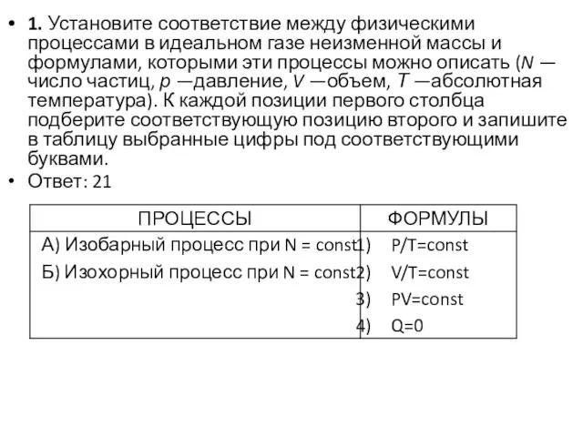 1. Установите соответствие между физическими процессами в идеальном газе неизменной массы и