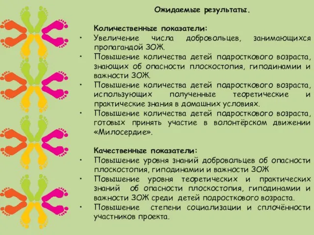 Ожидаемые результаты. Количественные показатели: Увеличение числа добровольцев, занимающихся пропагандой ЗОЖ. Повышение количества