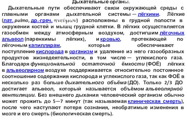 Дыхательные органы. Дыхательные пути обеспечивают связи окружающей среды с главными органами дыхательной