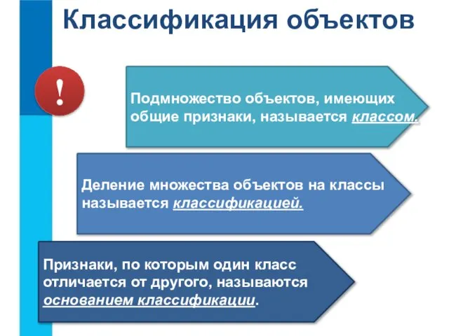 Классификация объектов Подмножество объектов, имеющих общие признаки, называется классом. Деление множества объектов