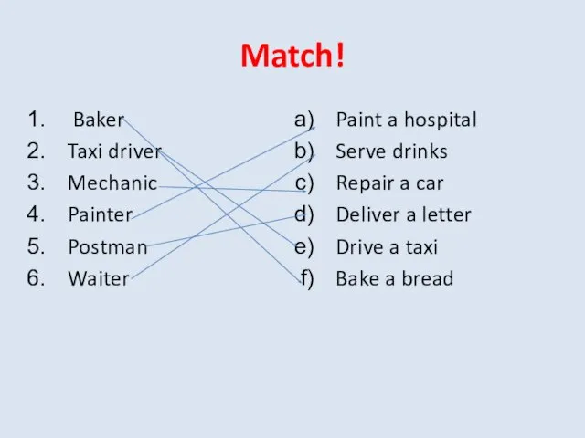 Match! Baker Taxi driver Mechanic Painter Postman Waiter Paint a hospital Serve