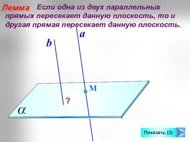 Лемма Если одна из двух параллельных прямых пересекает данную плоскость, то и