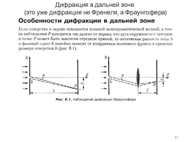 Дифракция в дальней зоне (это уже дифракция не Френеля, а Фраунгофера)