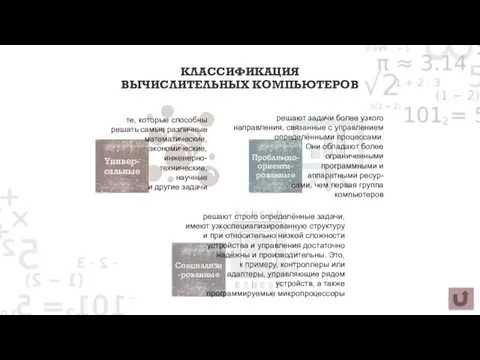 КЛАССИФИКАЦИЯ ВЫЧИСЛИТЕЛЬНЫХ КОМПЬЮТЕРОВ те, которые способны решать самые различные математические, экономические, инженерно-