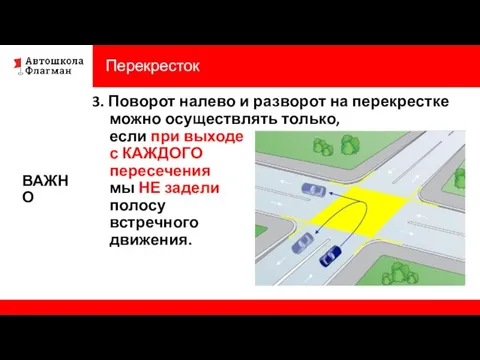 Перекресток ВАЖНО 3. Поворот налево и разворот на перекрестке можно осуществлять только,