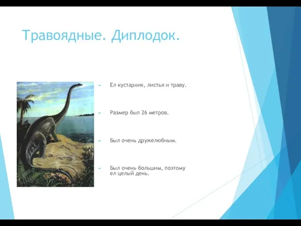 Травоядные. Диплодок. Ел кустарник, листья и траву. Размер был 26 метров. Был