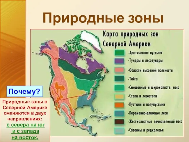 Природные зоны Природные зоны в Северной Америке сменяются в двух направлениях: с