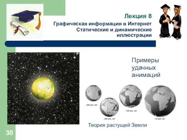 Лекция 8 Графическая информация в Интернет Статические и динамические иллюстрации Теория растущей Земли Примеры удачных анимаций